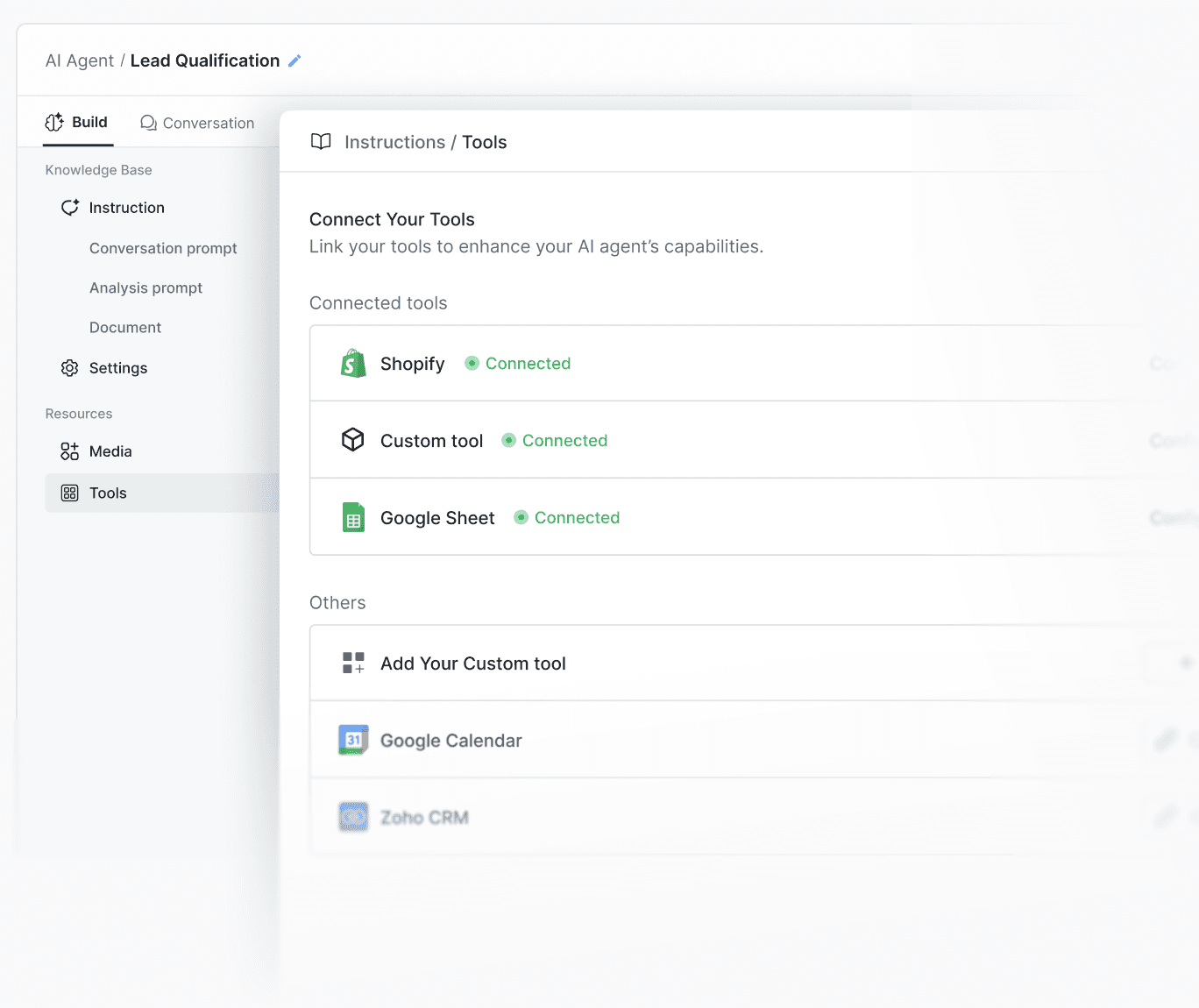 Peach AI agent builder showing connected tools