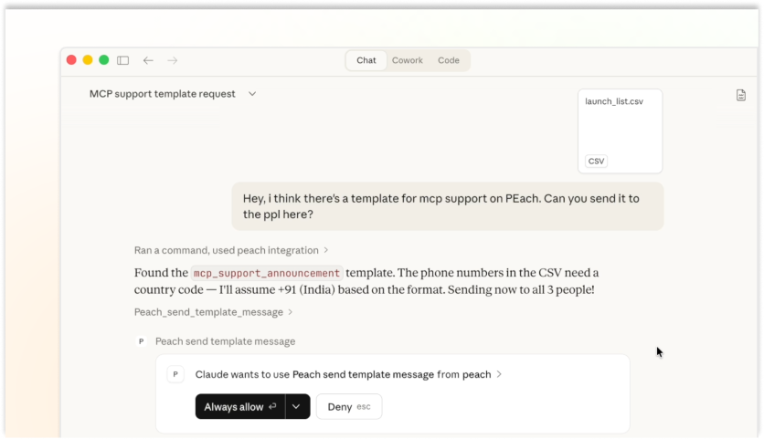 Launch WhatsApp broadcasts from Peach MCP